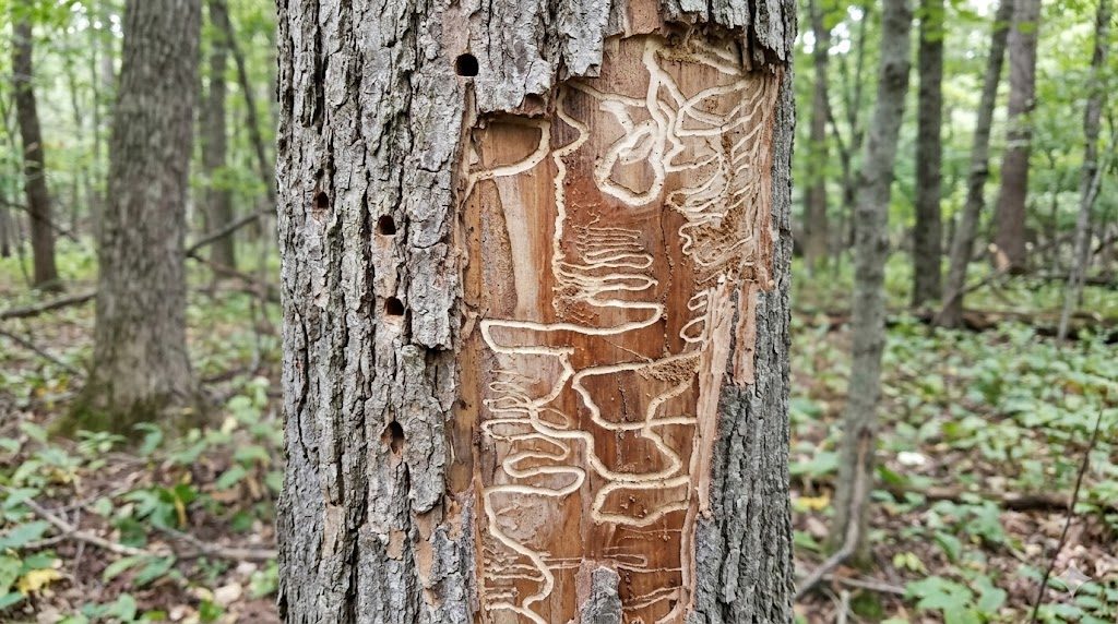 Emerald ash borer damage on ash tree in Oakland County, Michigan, showing D-shaped exit holes in bark and S-shaped larval galleries beneath the surface
